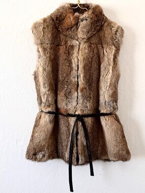 Express World Brown 100% Rabbit Fur Front Zip High Collar Vest with Belt Large